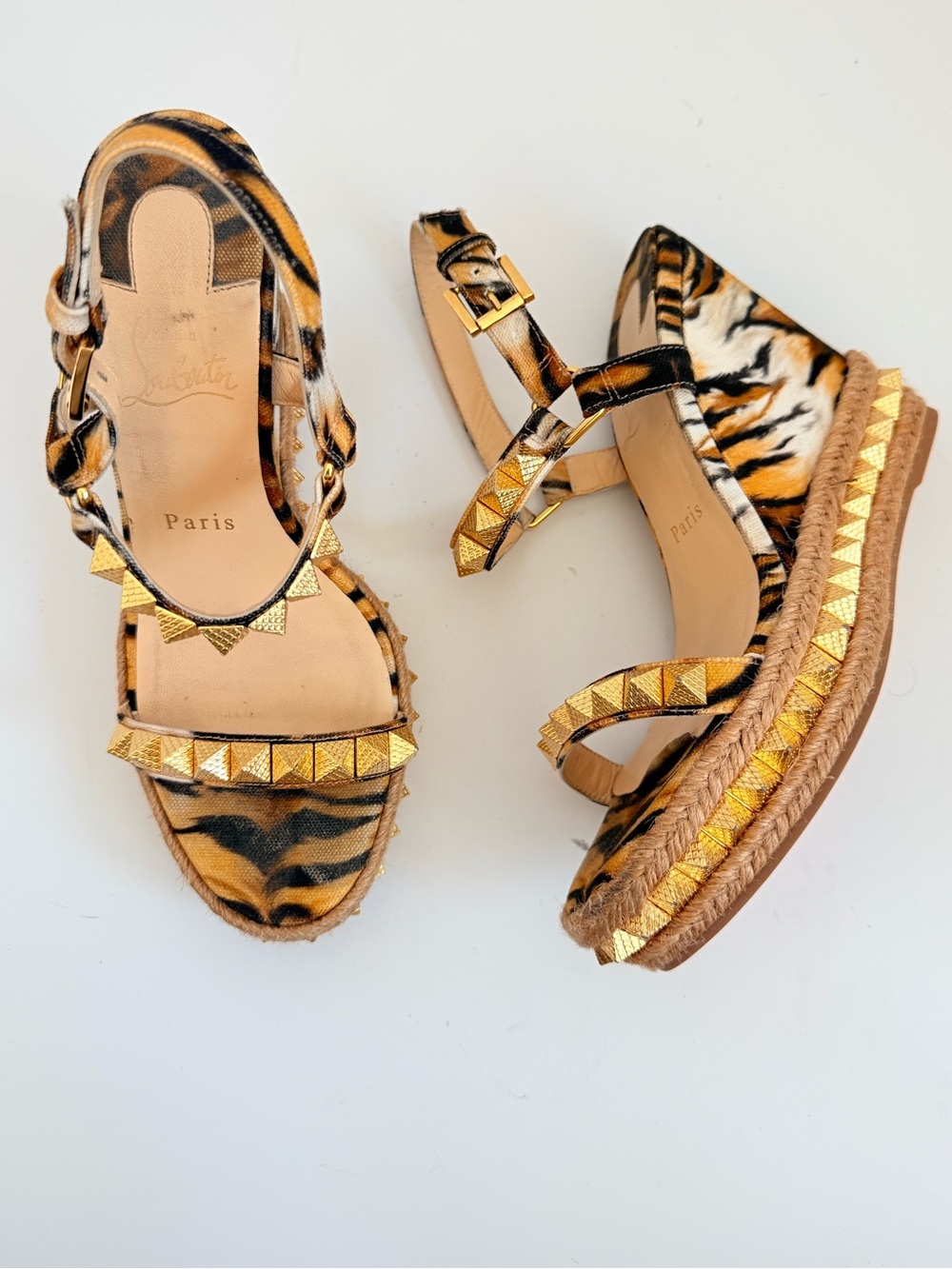 Christian Louboutin Pyraclou 110 Tivoli Gold Stud Espadrille Wedge Sandals 38